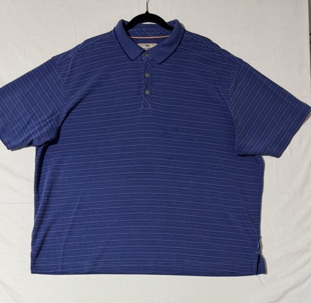Tommy Bahama Men’s Polo Shirt Blue Striped Three-button - Size XXL (2XL)